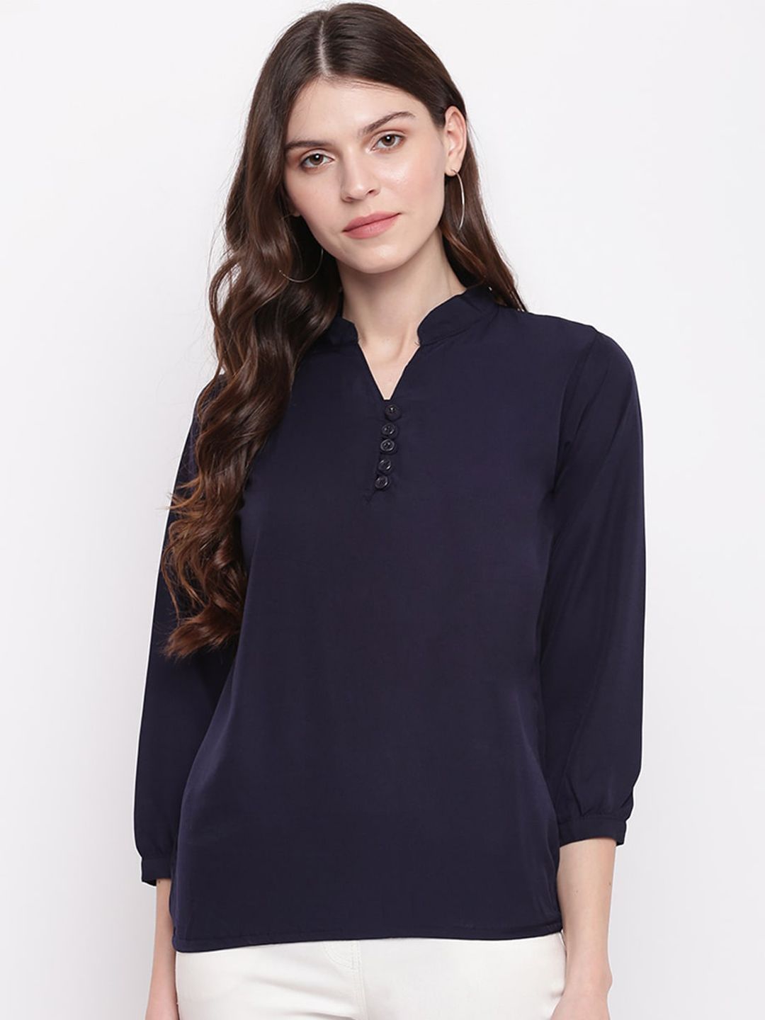 Mayra Navy Puff Sleeves Mandarin Collar Shirt Style Top Price in India