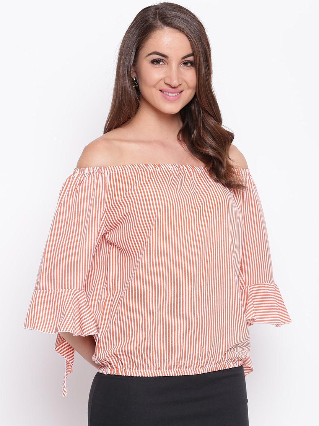 Mayra Striped Bell Sleeves Off-Shoulder Bardot Top Price in India