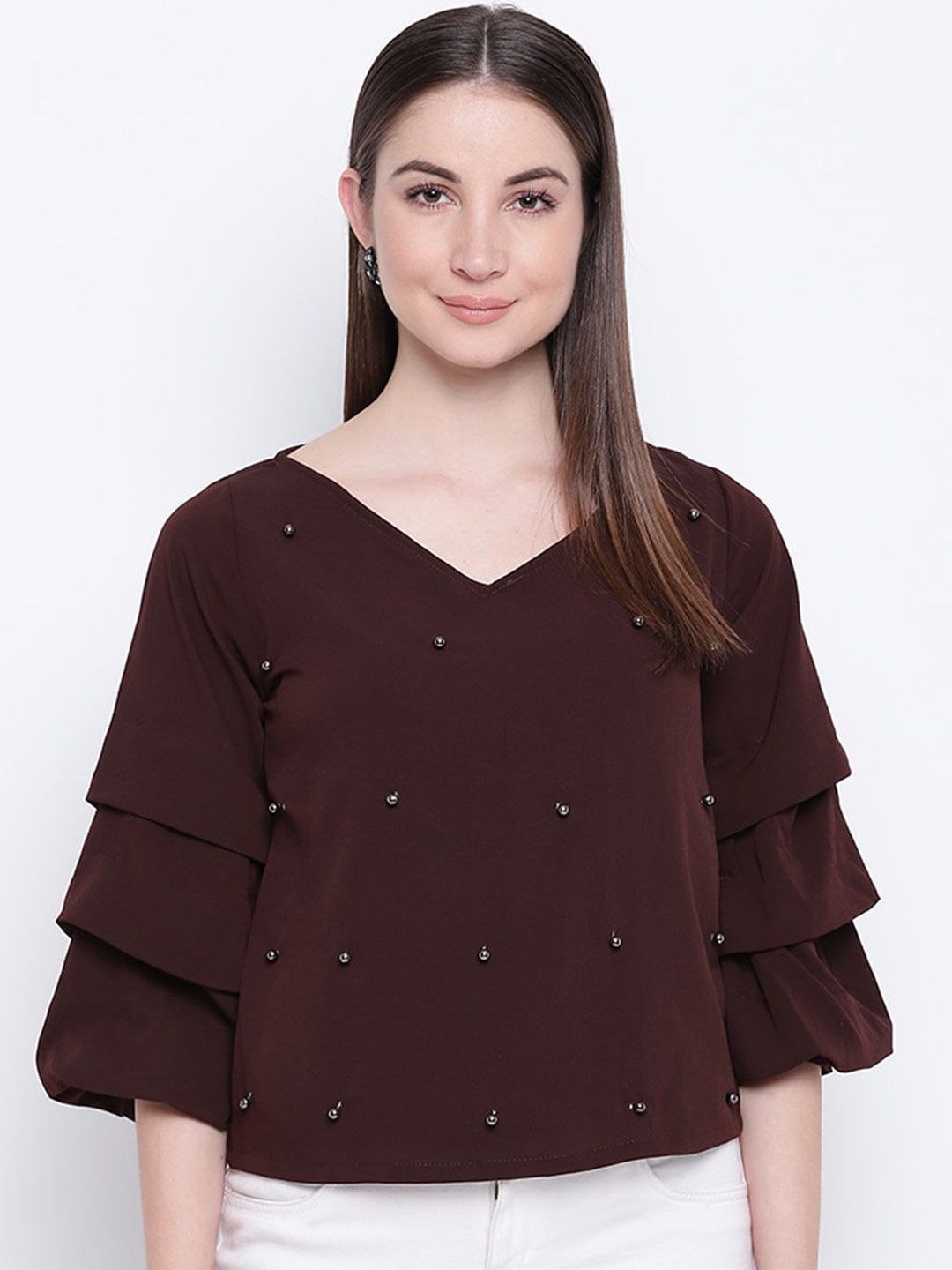 Mayra Embellished V-Neck Puff Sleeves Top Price in India
