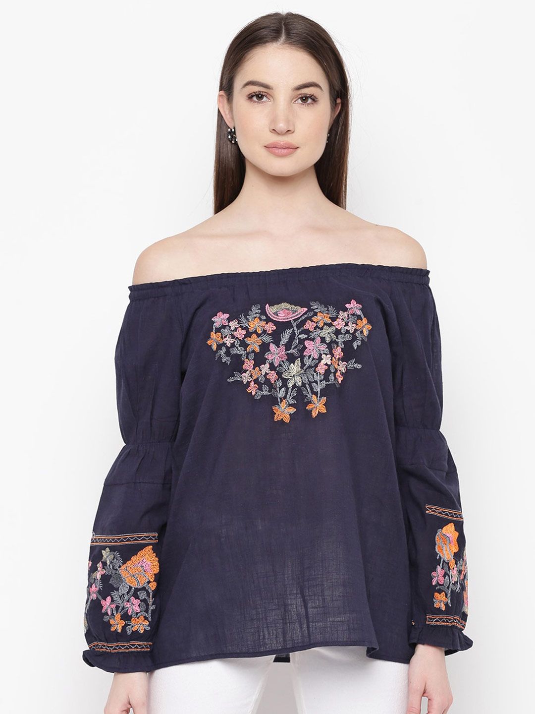 Mayra Floral Embroidered Off-Shoulder Pure Cotton Bardot Top Price in India