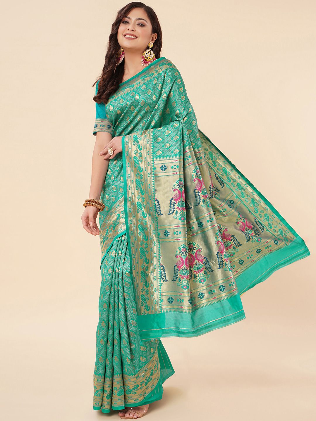 Jinax Green & Pink Woven Design Zari Pure Silk Paithani Saree Price in India