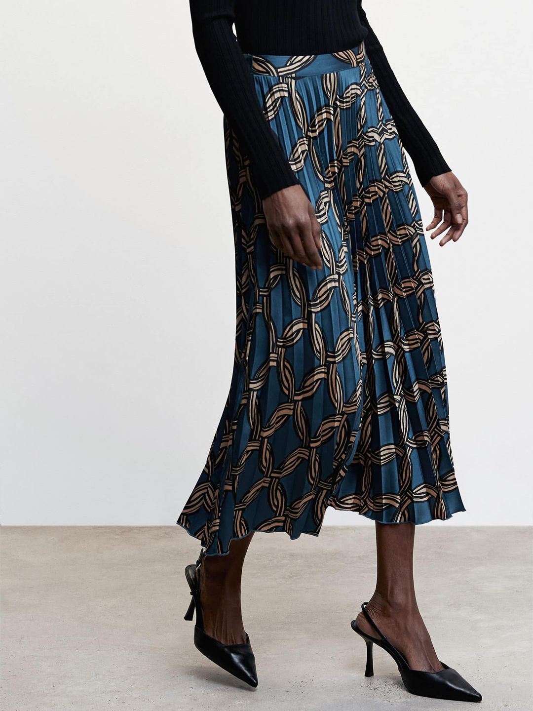 MANGO Satin Finish Rope Print Accordion Pleated Flared Skirt Price in India