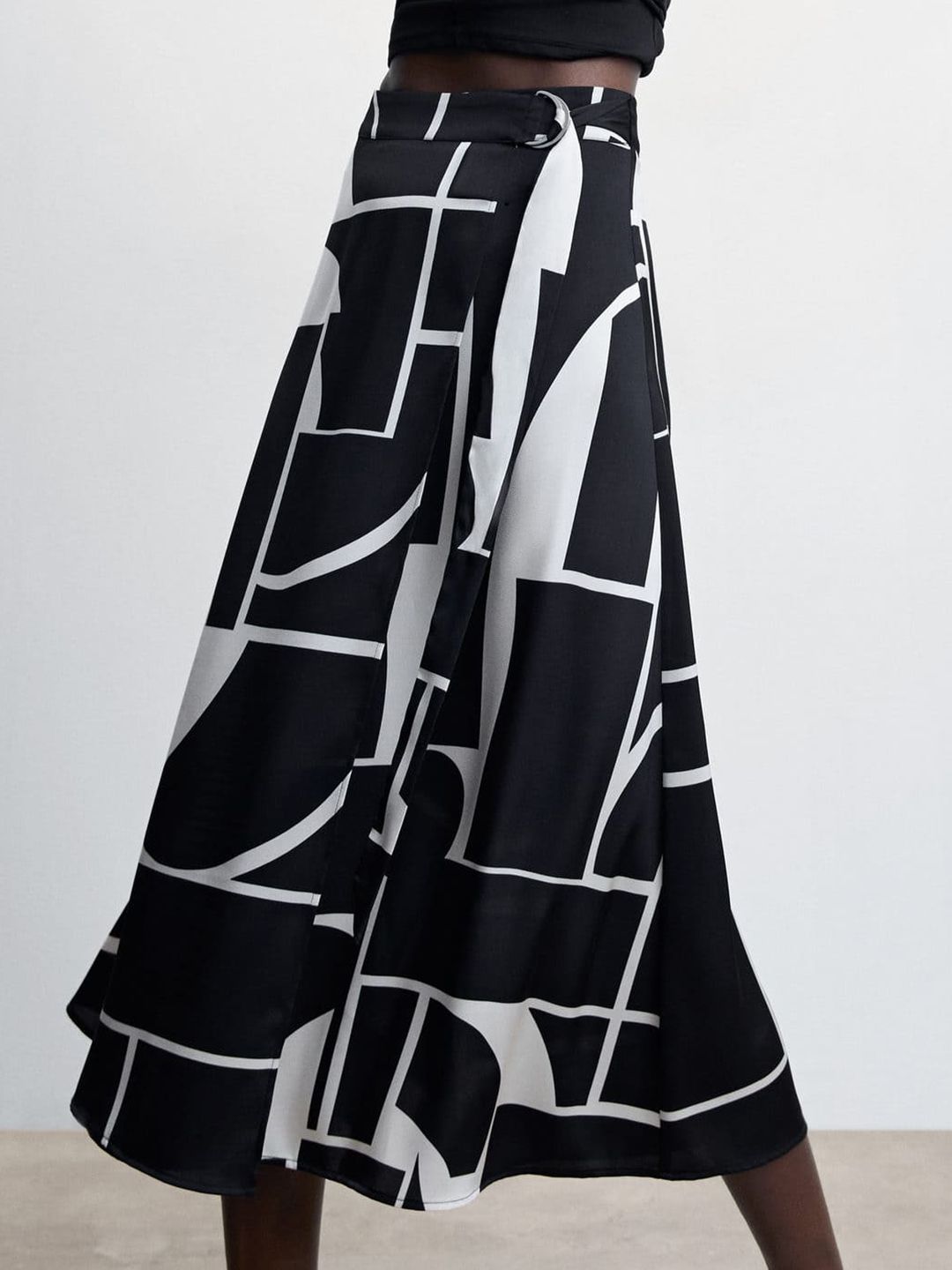 MANGO Women Printed Satin Finish Monochrome Sustainable Skirt Price in India