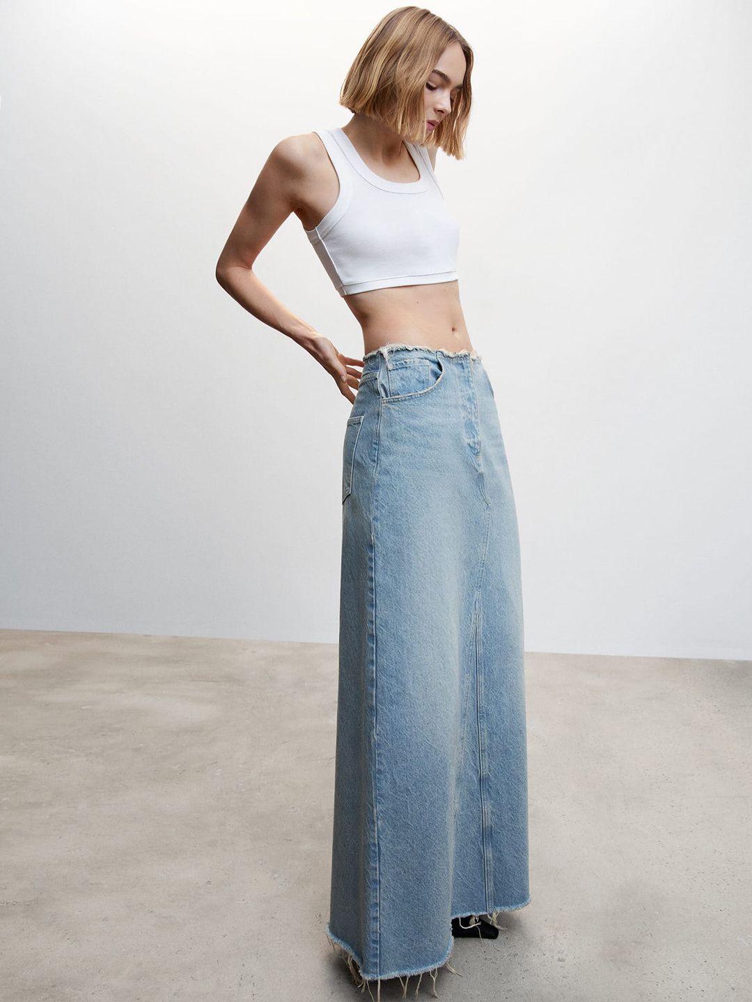 Fringed Hem Denim Long Skirt