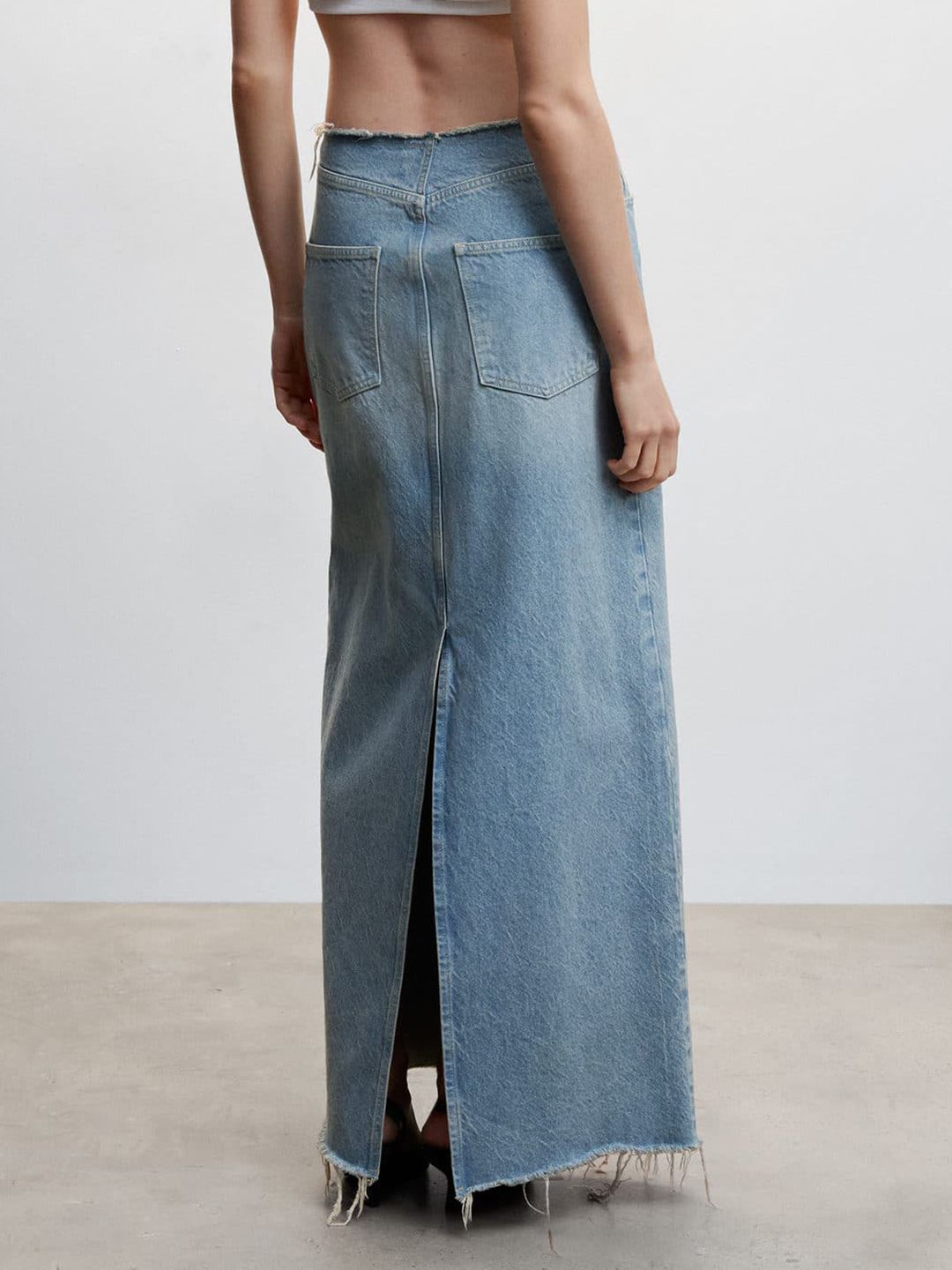 Fringed Hem Denim Long Skirt