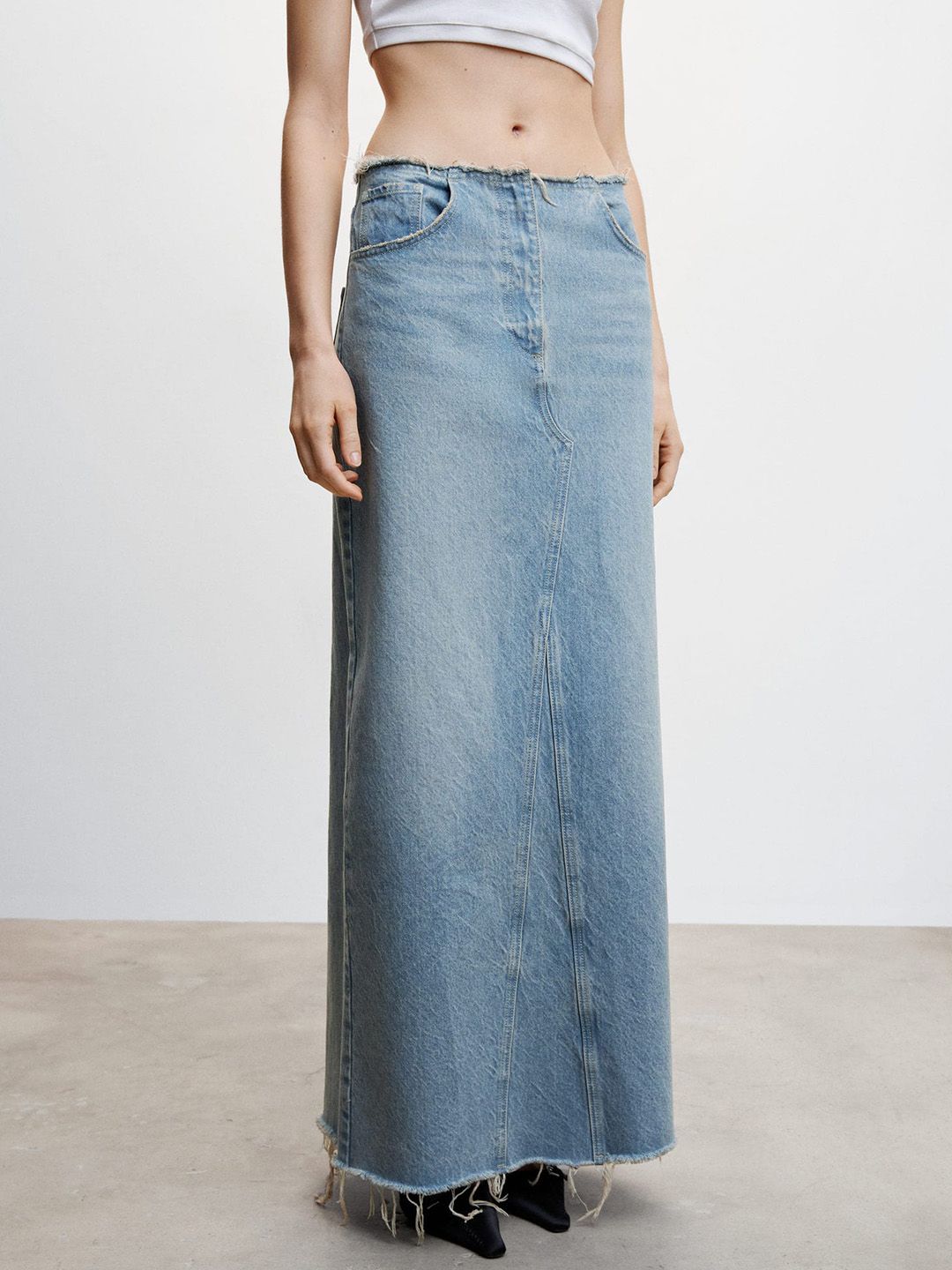 Fringed Hem Denim Long Skirt