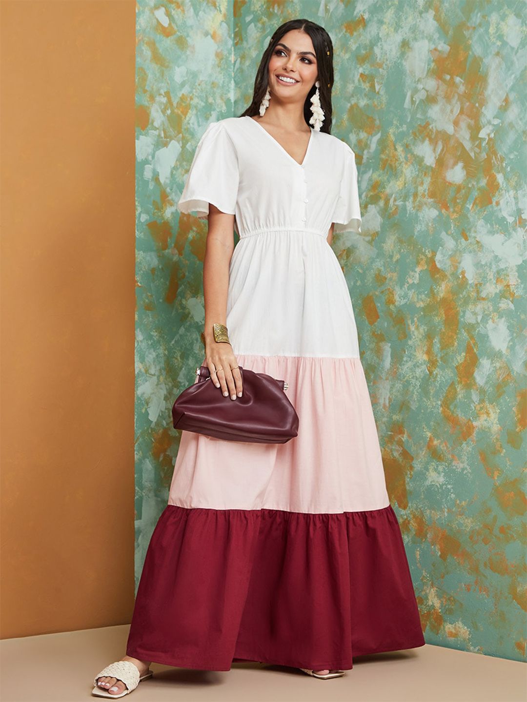 Styli Colourblocked V Neck Tiered Cotton Maxi Dress Price in India