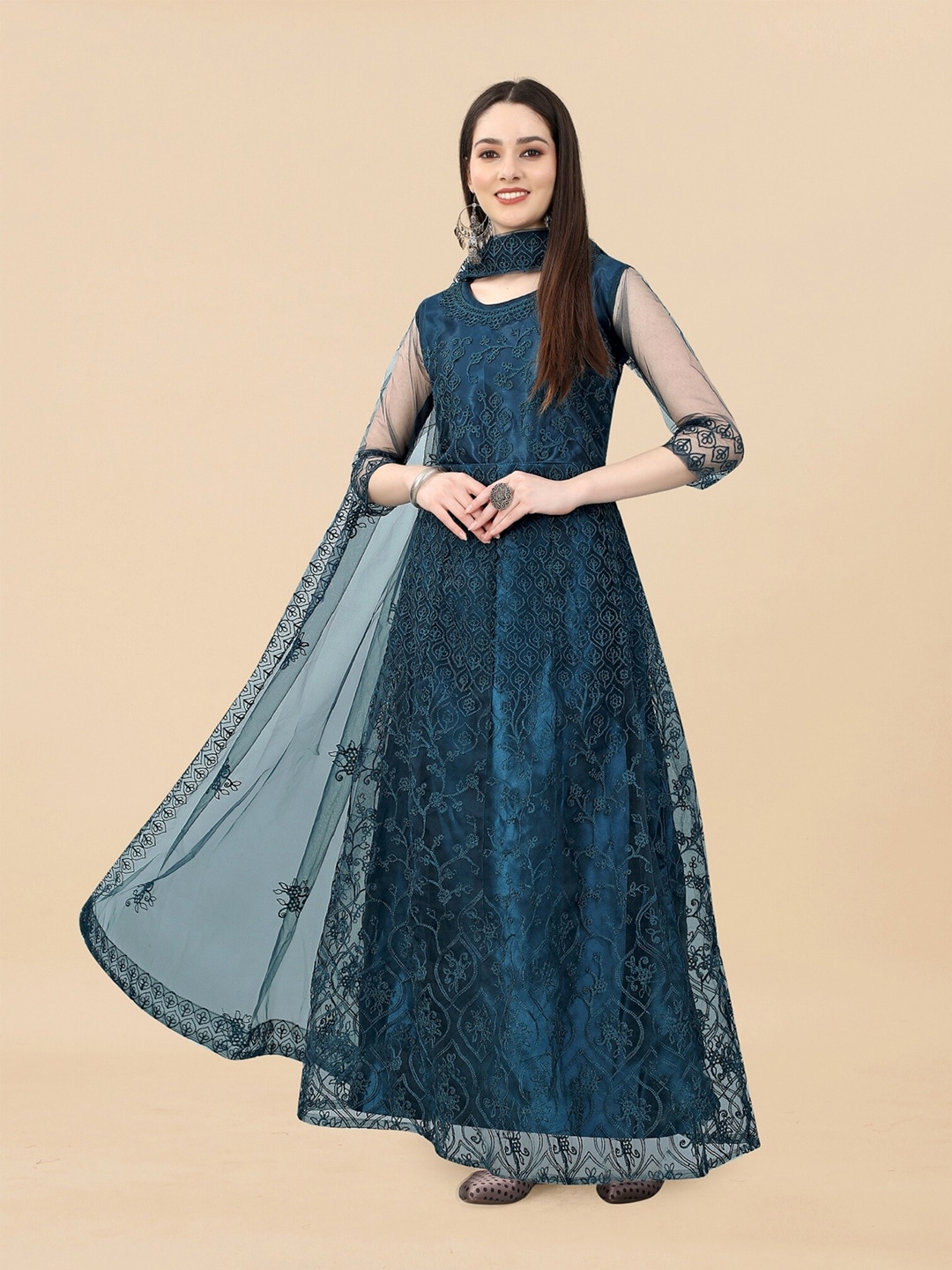 APNISHA Blue Ethnic Motifs Net Ethnic Maxi Dress Price in India