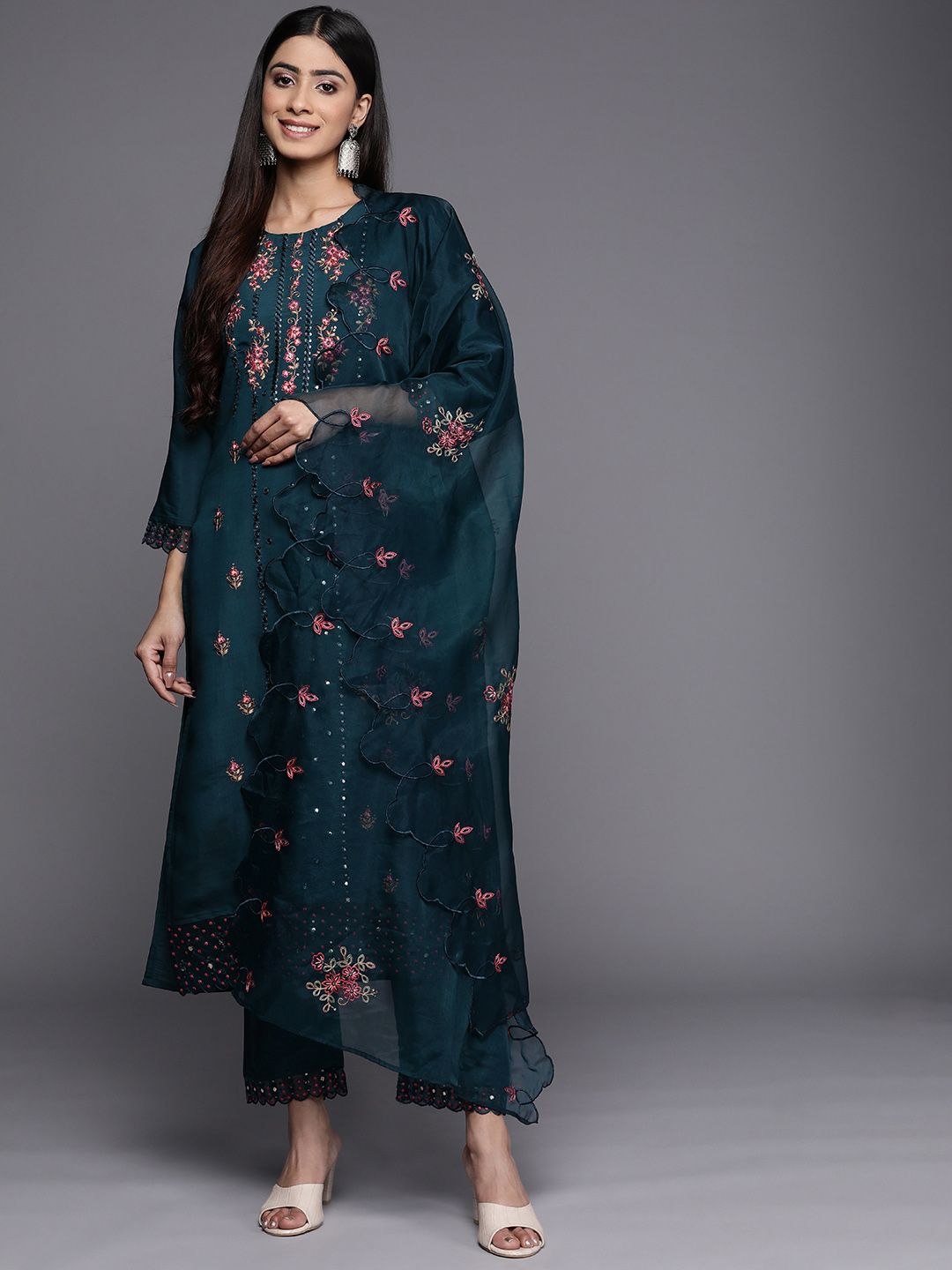 Varanga Floral Embroidered Mirror Work Chanderi Silk Kurta with Trousers & With Dupatta Price in India