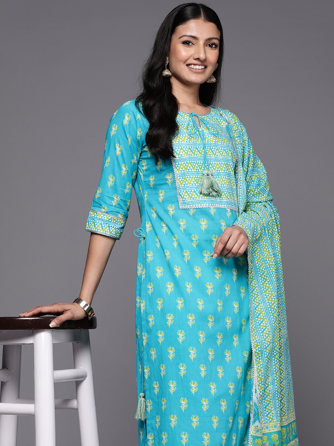 Libas Women Blue Floral Printed Regular Gotta Patti Pure Cotton Kurta with Trousers & With Dupatta Price in India