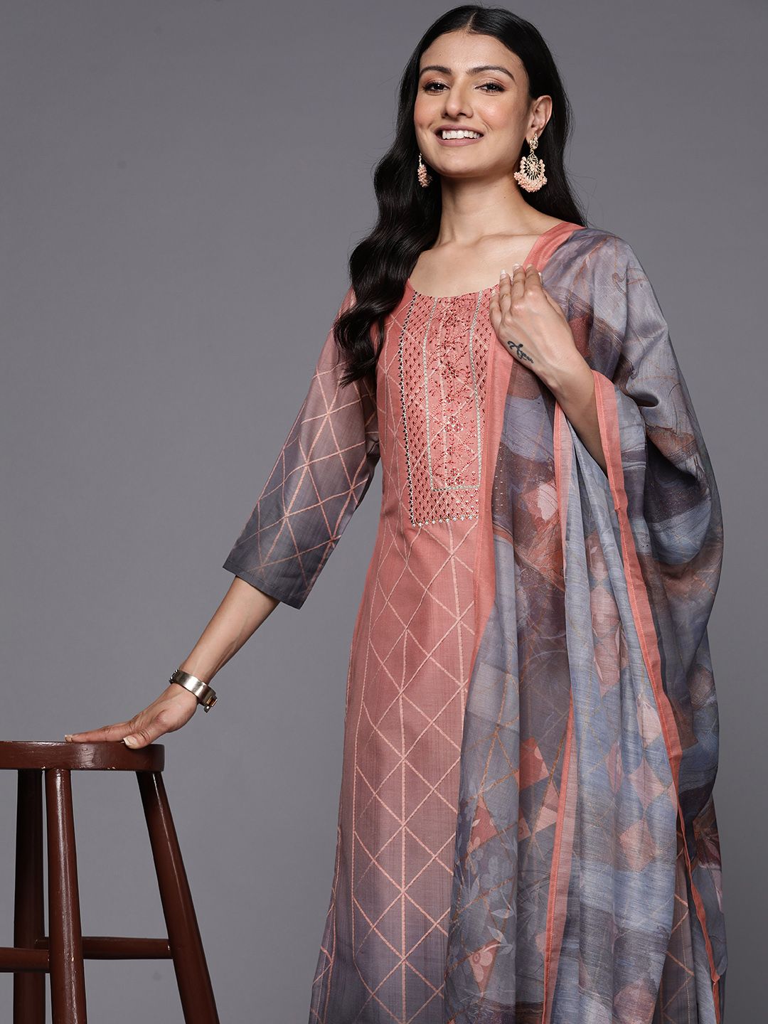 Libas Women Peach-Coloured Floral Yoke Design Thread Work Kurta with Trousers & With Dupatta Price in India