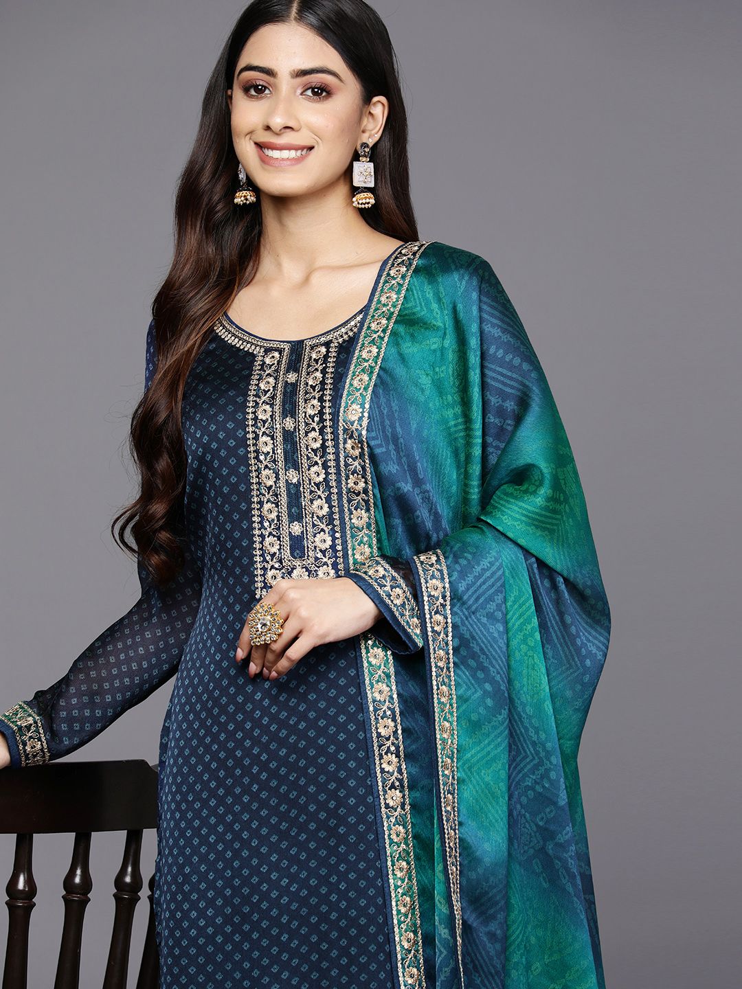 Libas Women Blue Bandhani Printed Kurta with Trousers & With Dupatta Price in India
