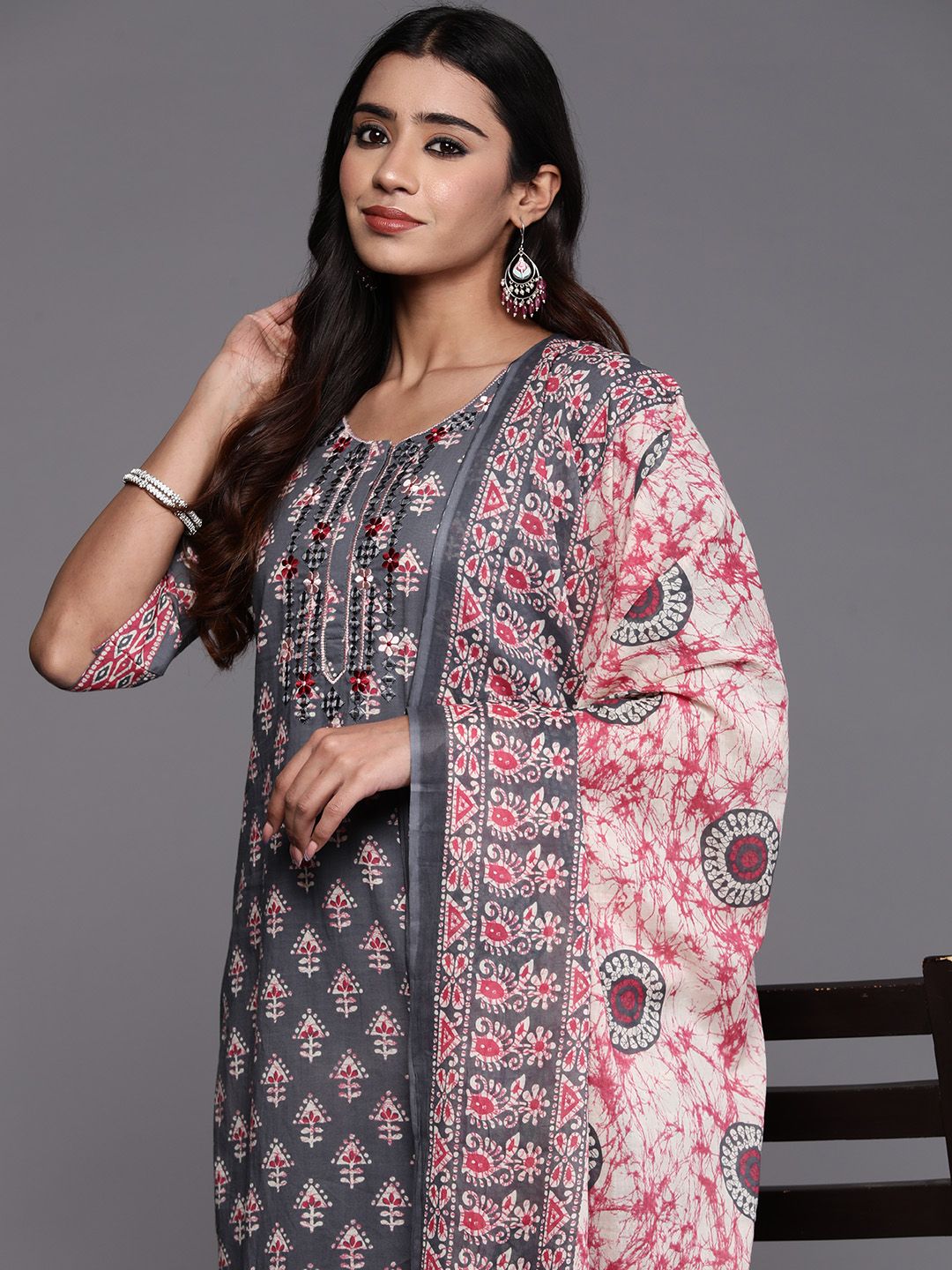 Libas Ethnic Motifs Printed Mirror Work Pure Cotton Kurta With Trousers & With Dupatta Price in India