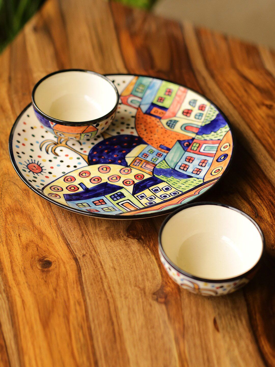 ExclusiveLane The Hut Handpainted Off White Graphic Ceramic Microwave Safe 3 Piece Dinner Set