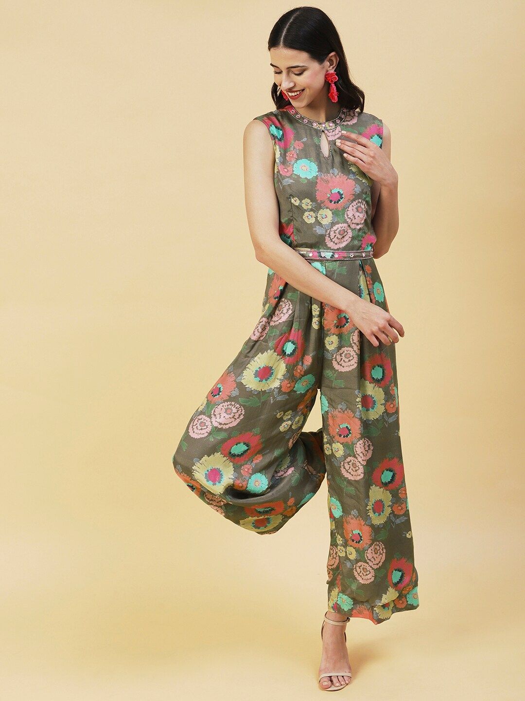 FASHOR Printed Sleeveless Basic Jumpsuit With Embroidered Waist Belt Price in India