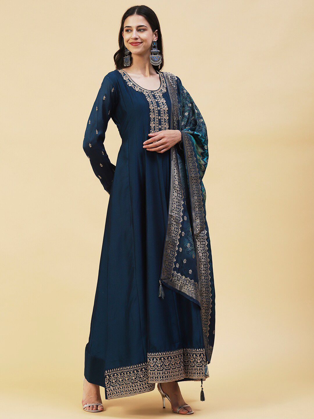 FASHOR Ethnic Motifs Crepe Maxi Ethnic Dress With Dupatta Price in India