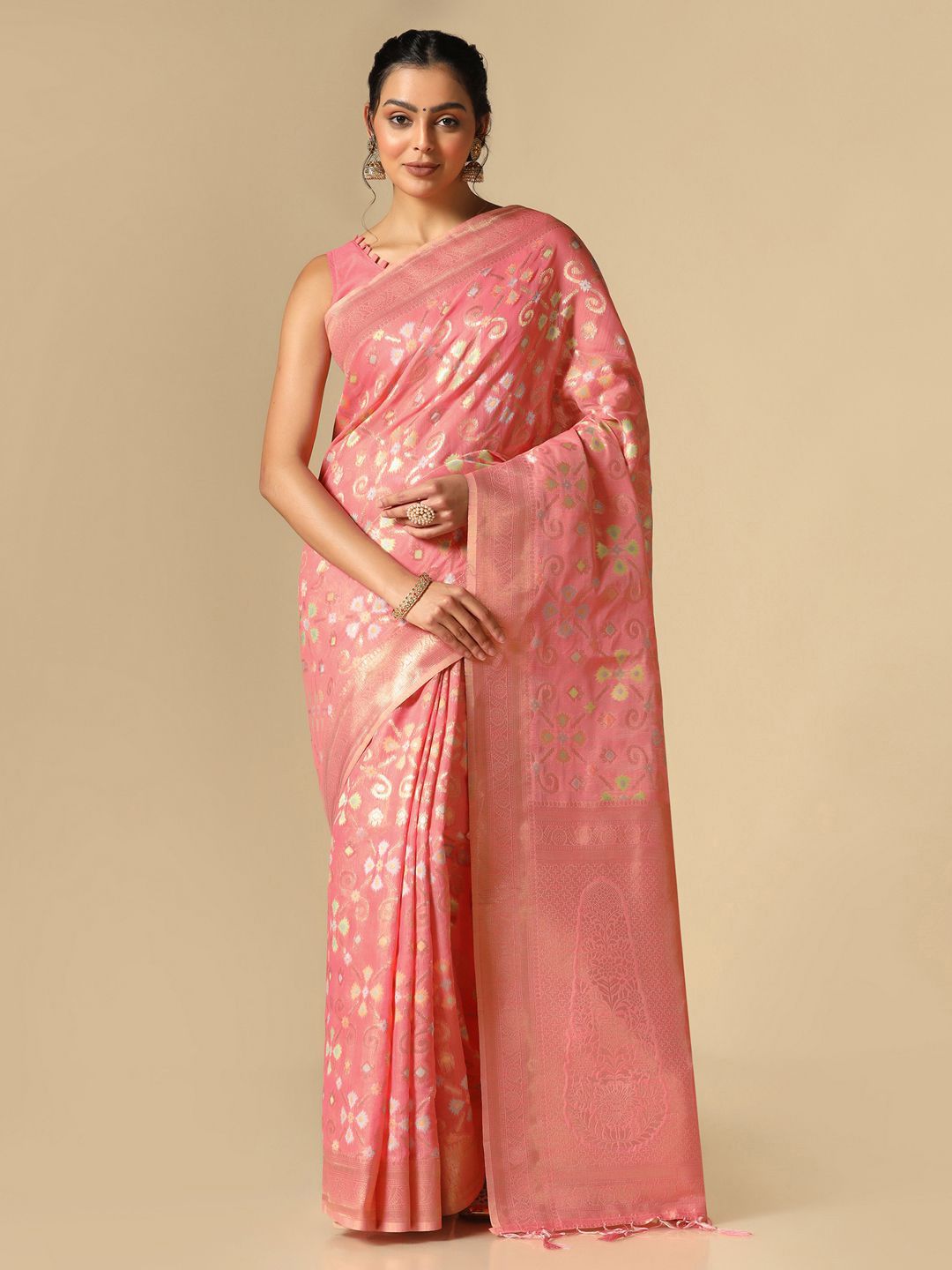 Mitera Pink & Gold-Toned Woven Design Zari Banarasi Saree Price in India