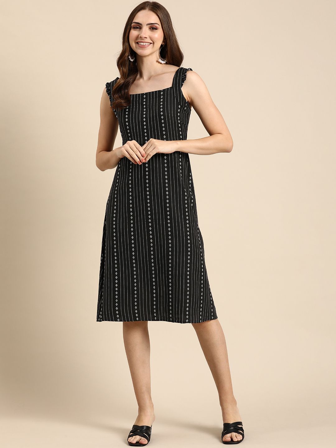 Anouk Striped A-Line Dress With Cut Out & Ruffles Detail Price in India