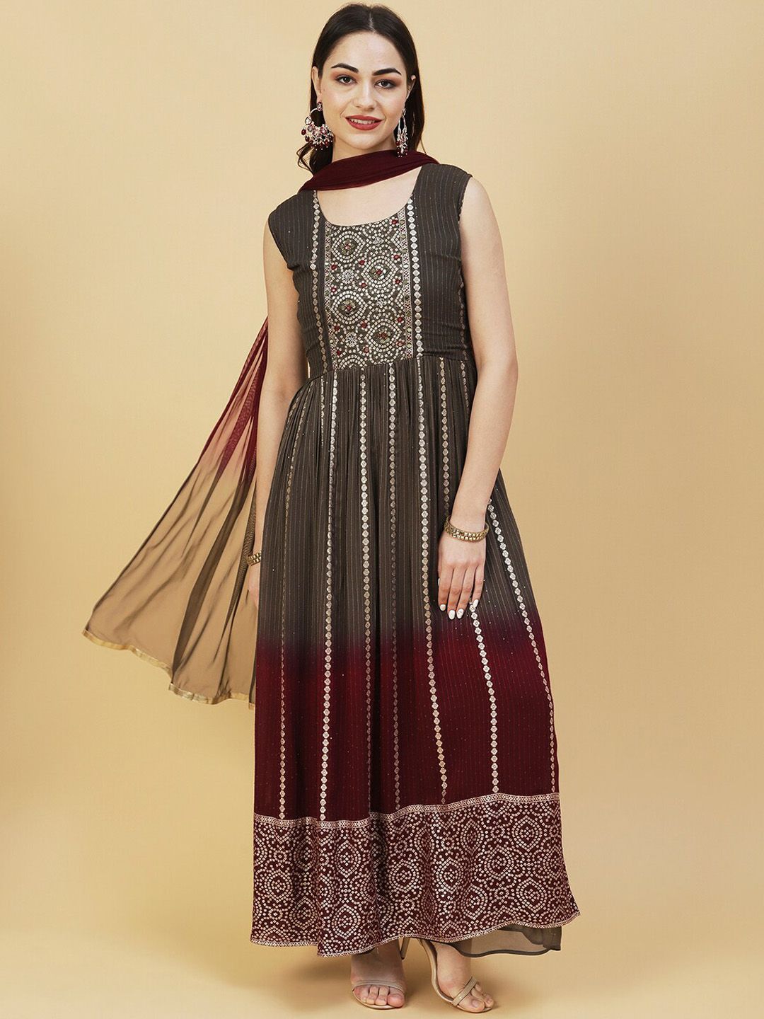 FASHOR Ombre Dyed Pleated Mirror Work Kurta With Palazzos & Dupatta Price in India