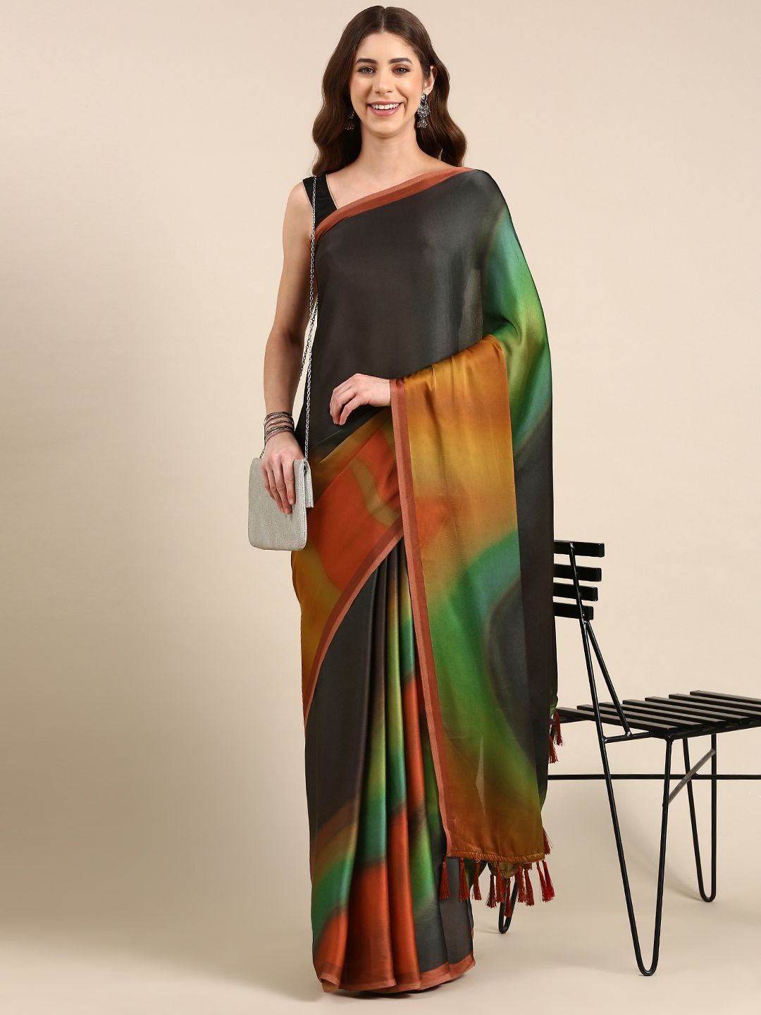 Rani Saahiba Abstract Print Satin Saree Price in India