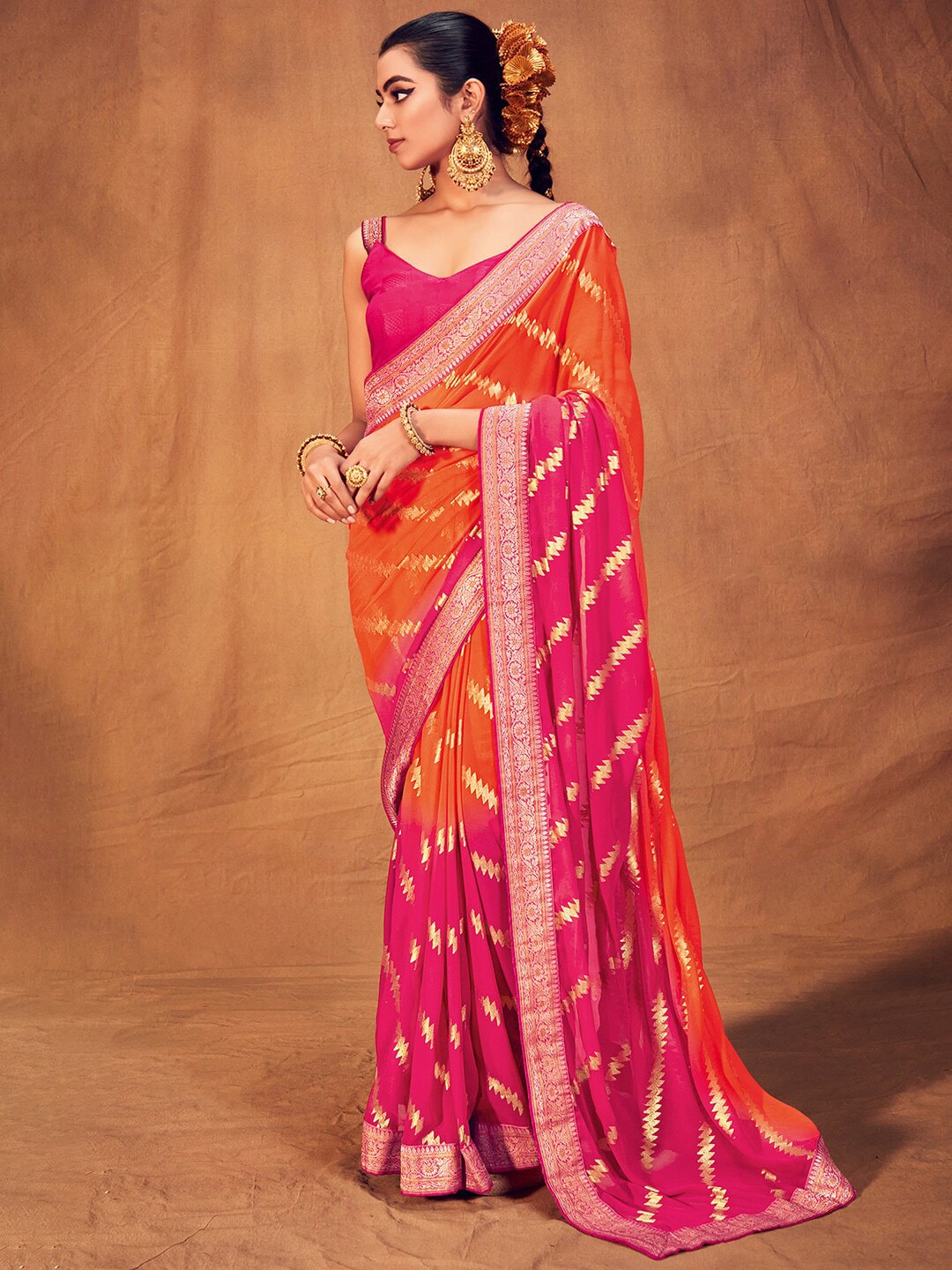 Saree mall Striped Woven Design Zari Pure Georgette Sarees Price in India