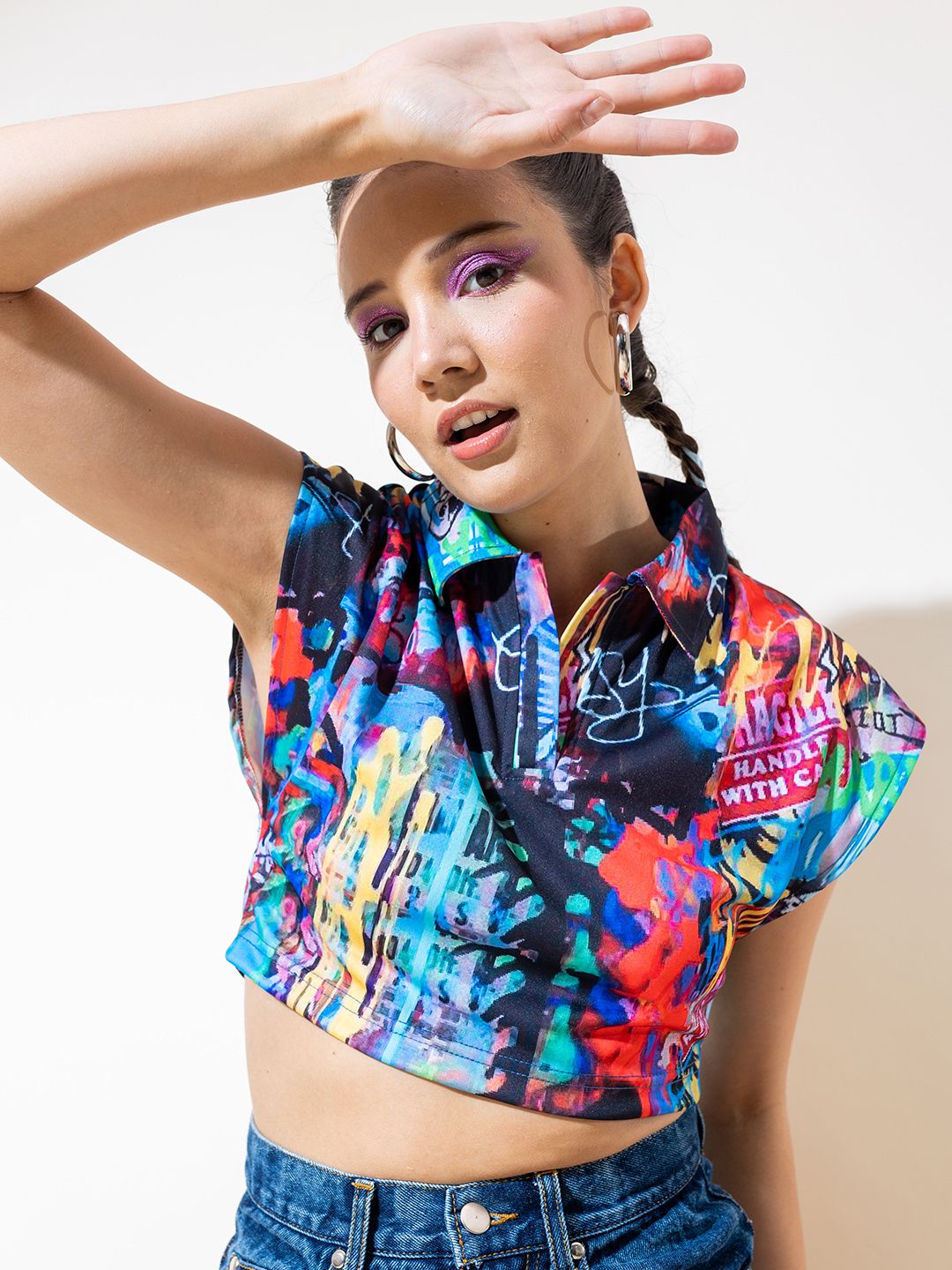 Stylecast X Hersheinbox Graphic Printed Polo-Collar Crop Top Price in India