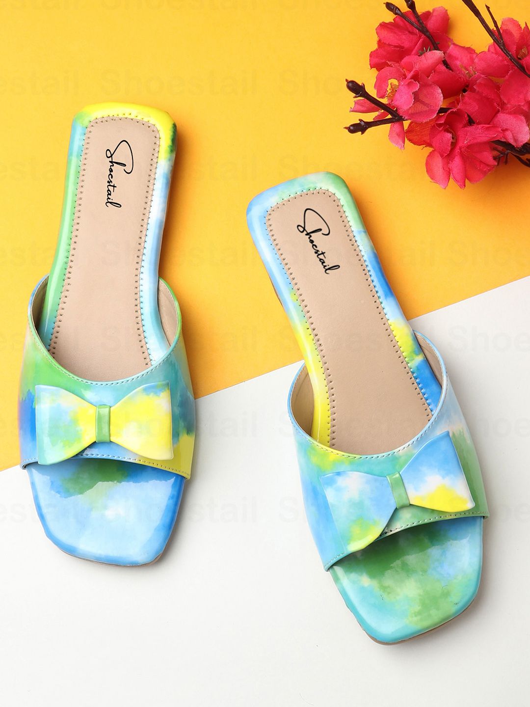 Shoestail Women Printed Open Toe Flats with Bows Price in India