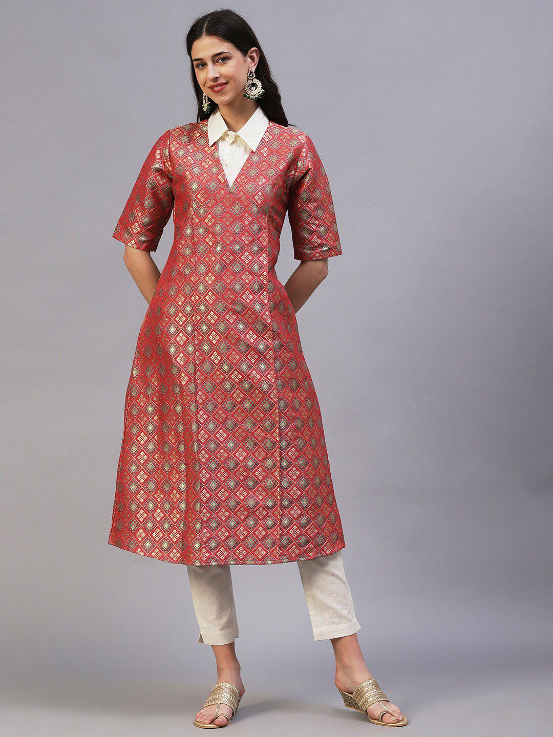 FASHOR Ethnic Motifs Woven design Midi Dress With Shirt Price in India
