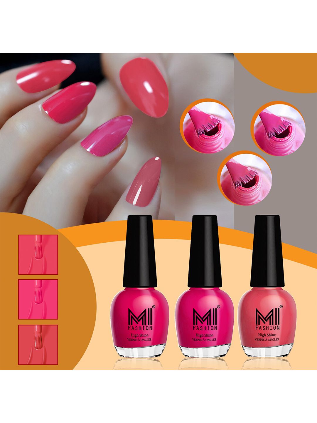 MI FASHION Set of 3 Vernis A Ongles High Shine Long Lasting Shimmer Nail Paint - 15ml each