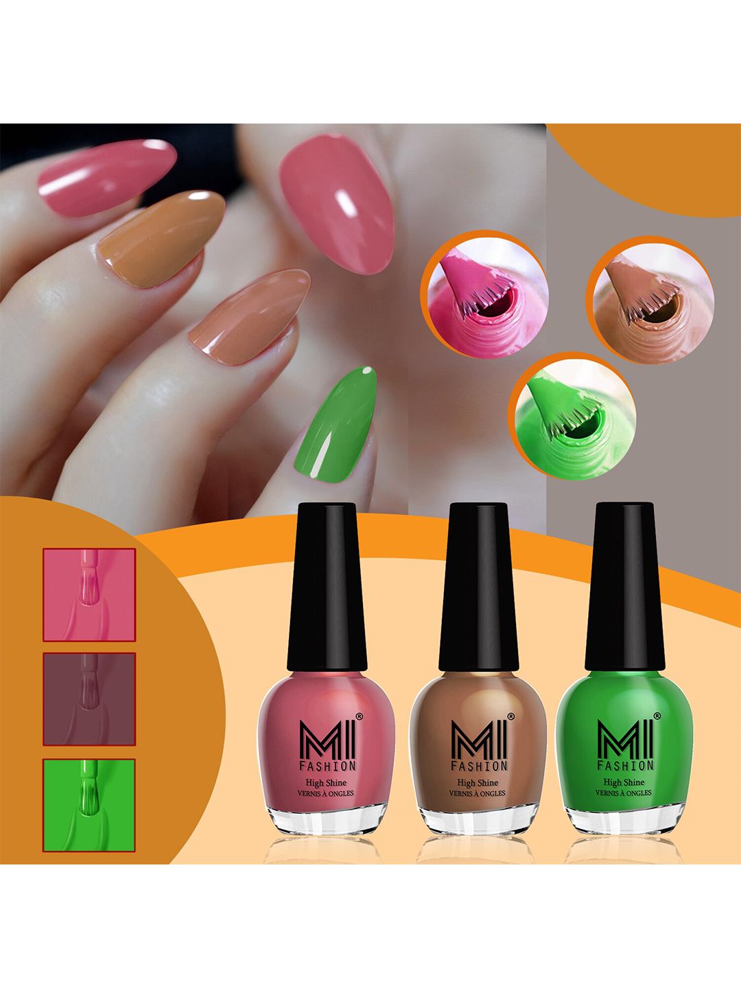 MI FASHION Set of 3 High Shine Long-Lasting Nail Lacquer 15 ml Each -Tan 721 - Dark Nude 722 - Grass Green 727