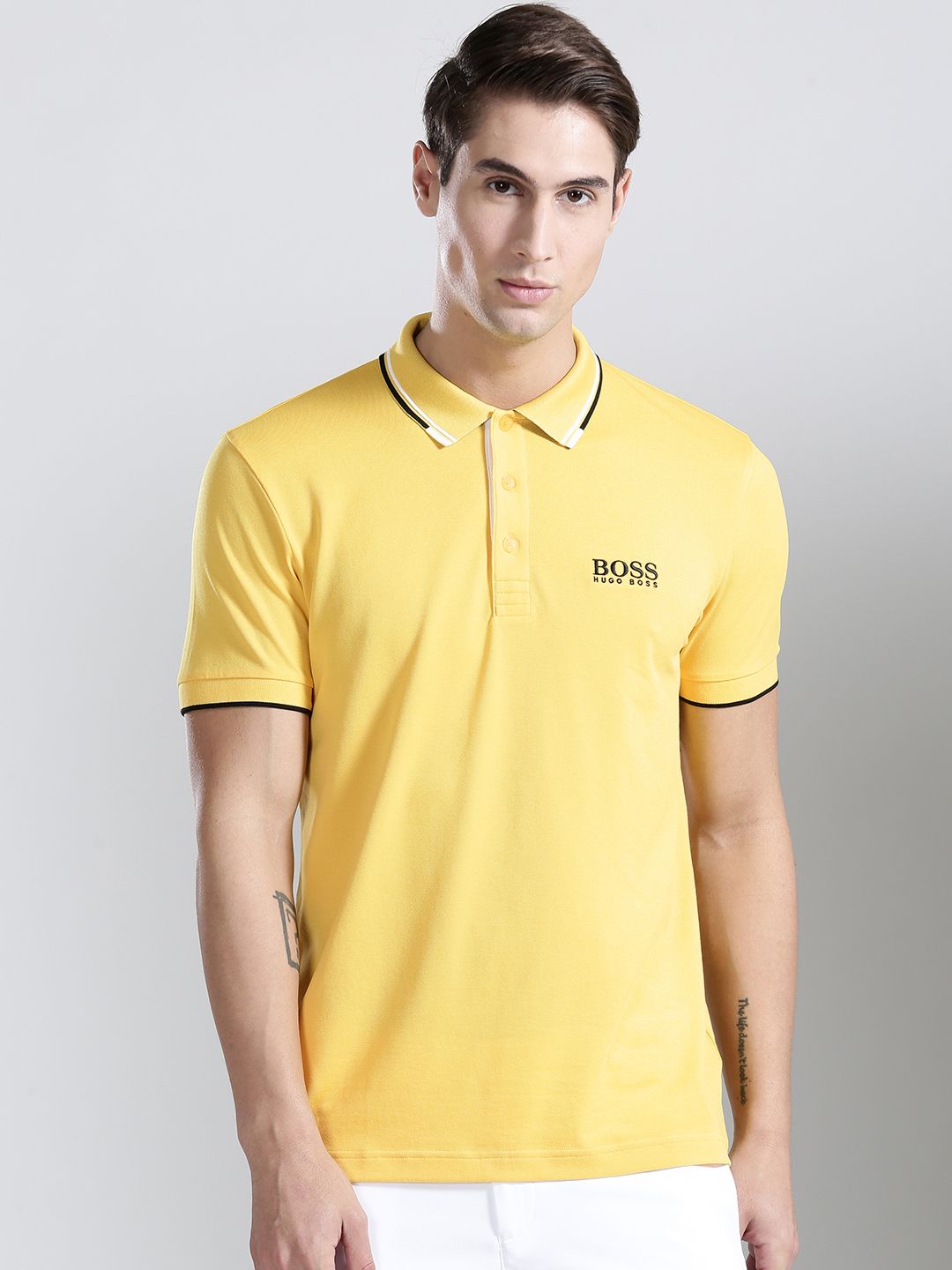 Buy BOSS Green Men Yellow Paddy Pro Solid Polo Collar T-shirt