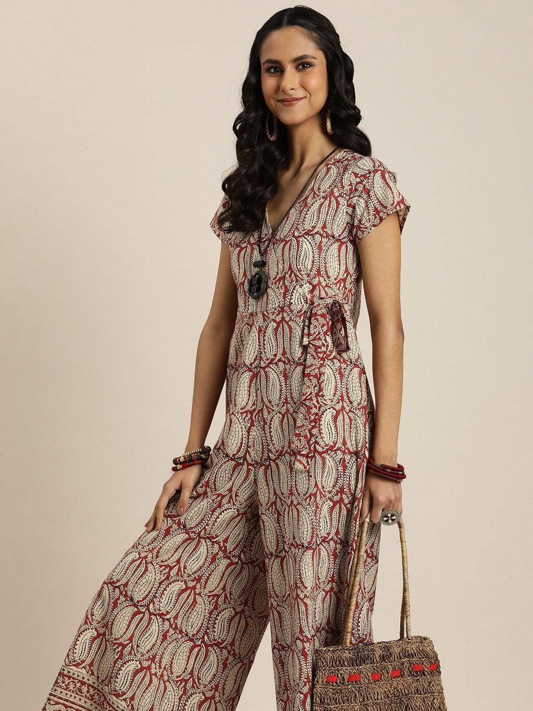 Taavi Sanganeri Pure Cotton Floral Printed Basic V-Neck Wrap Style Detail Jumpsuit Price in India