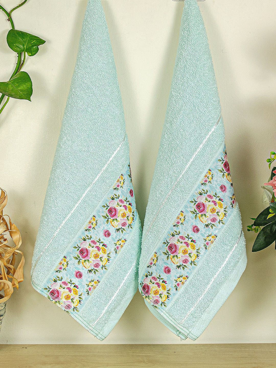 RANGOLI Victoria Turquoise Blue 2 Pieces Printed 500 GSM Pure Cotton Towel Set