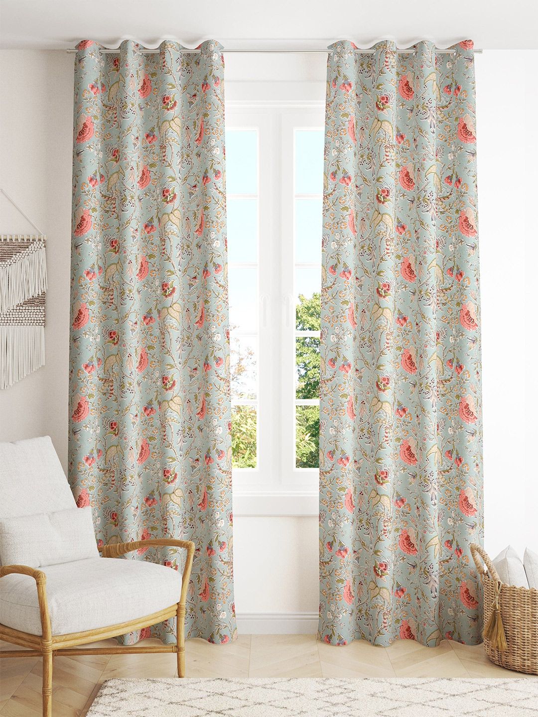 Trance Home Linen Jaipuri Green & Coral 2 Pieces Floral Cotton Door Curtain