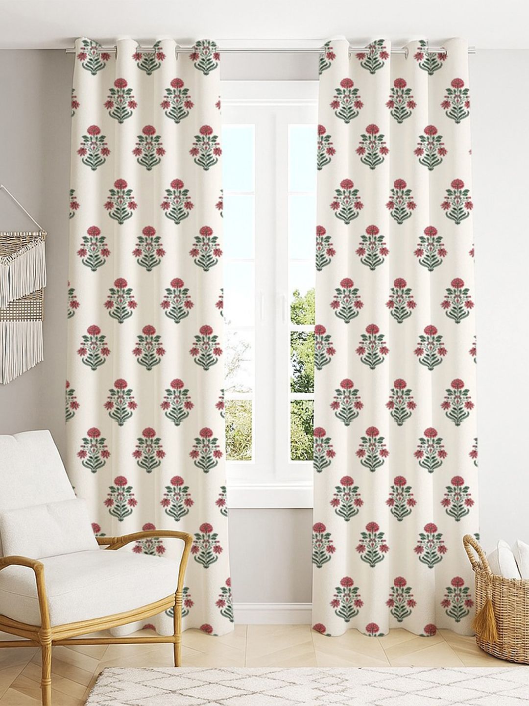 Trance Home Linen Jaipuri White & Red 2 Pieces Floral Cotton Door Curtain