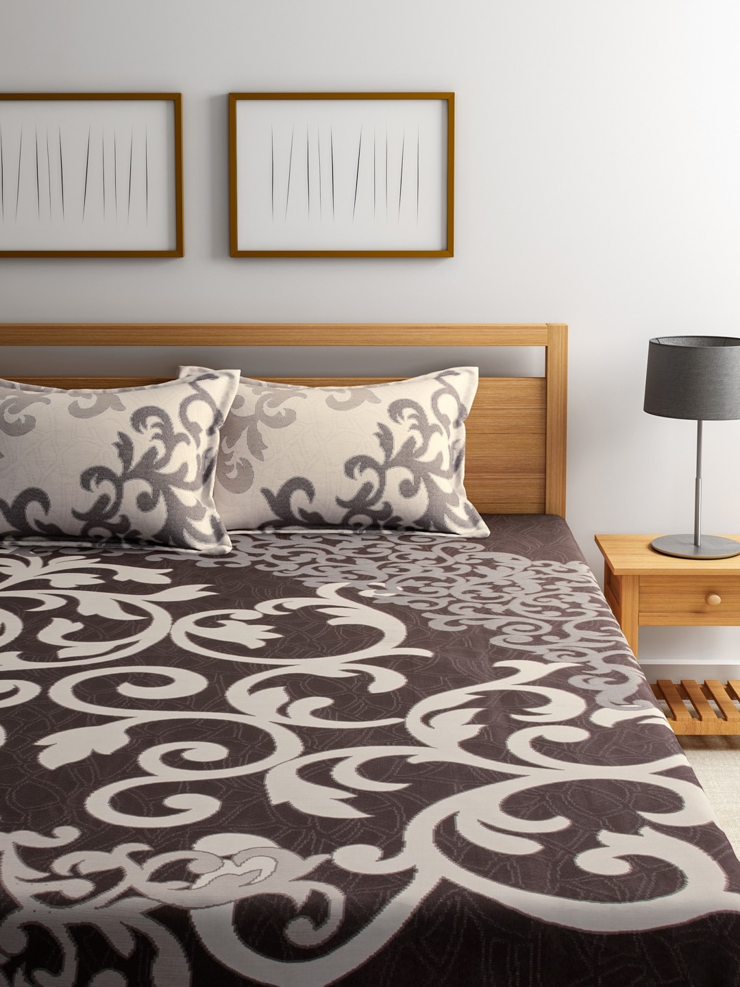 ROMEE Brown Woven Design Polycotton Double Bed Cover with 2 Pillow Covers Price in India