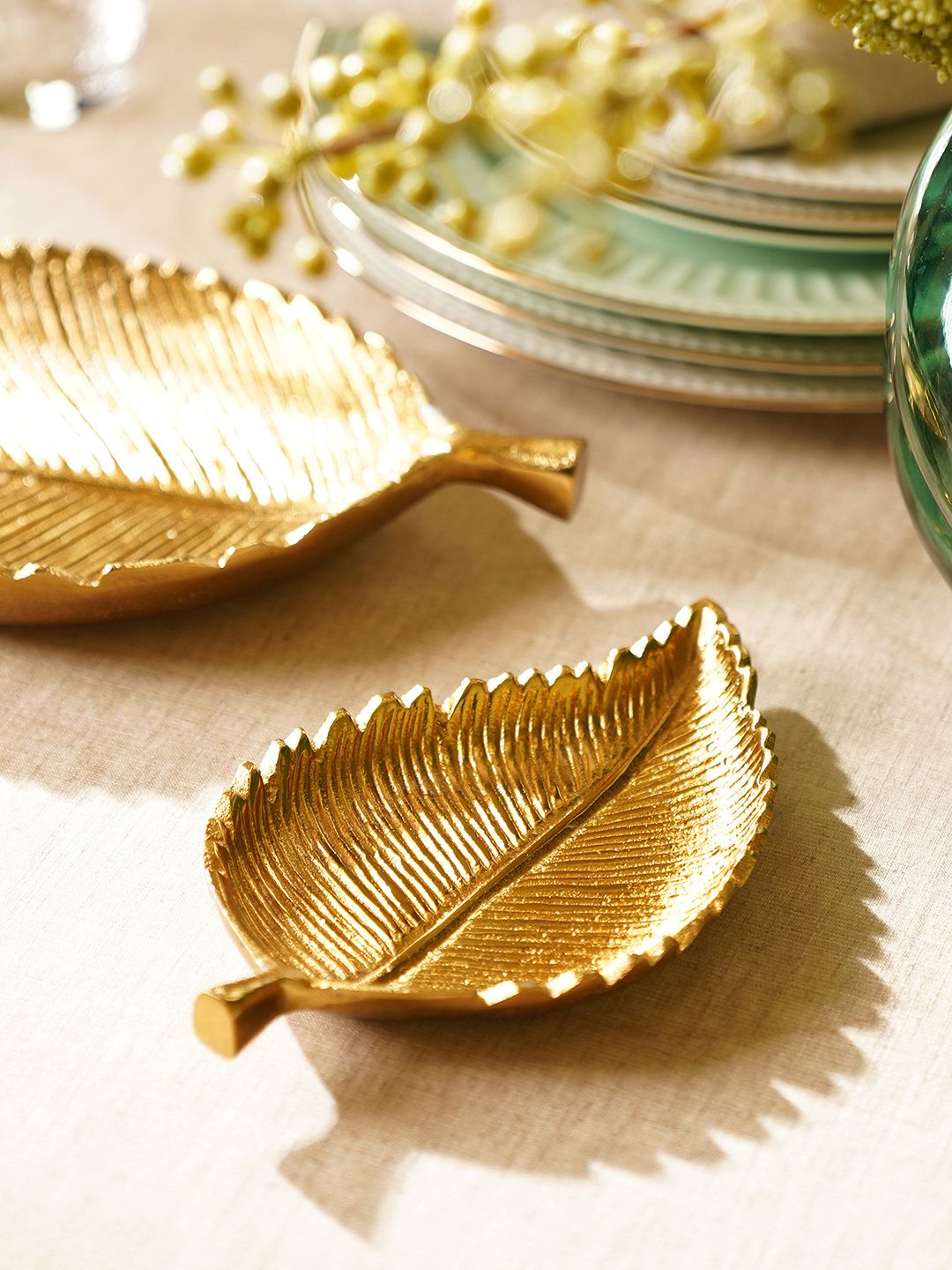 Pure Home and Living Pure Home and Living Birch Leaf Shaped Platter Gold Aluminium Metallic Living Room Small Showpiece - 2 Inches