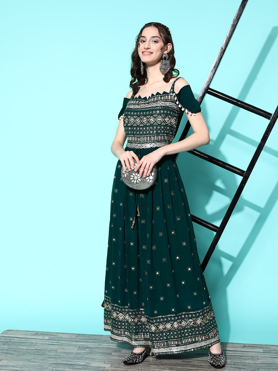 Kvsfab Floral Embroidered Georgette Maxi Dress Price in India