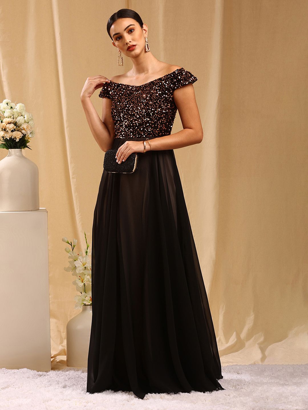 TRENDY DIVVA Cap Sleeves Embellished Sequined V-Neck Maxi Gown Price in India