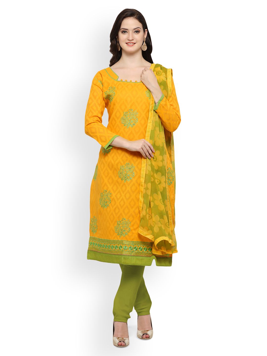 Saree mall Yellow & Green Silk Blend Unstitched Dress Material Price in India