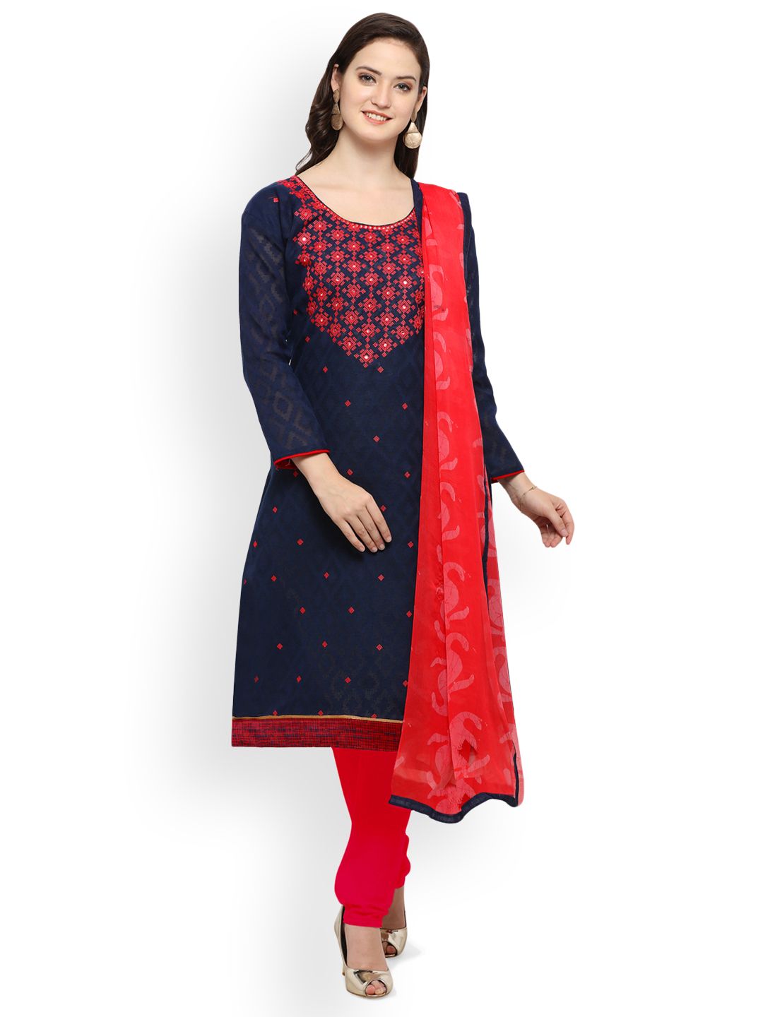 Saree mall Navy Blue & Red Cotton Blend Unstitched Dress Material Price in India