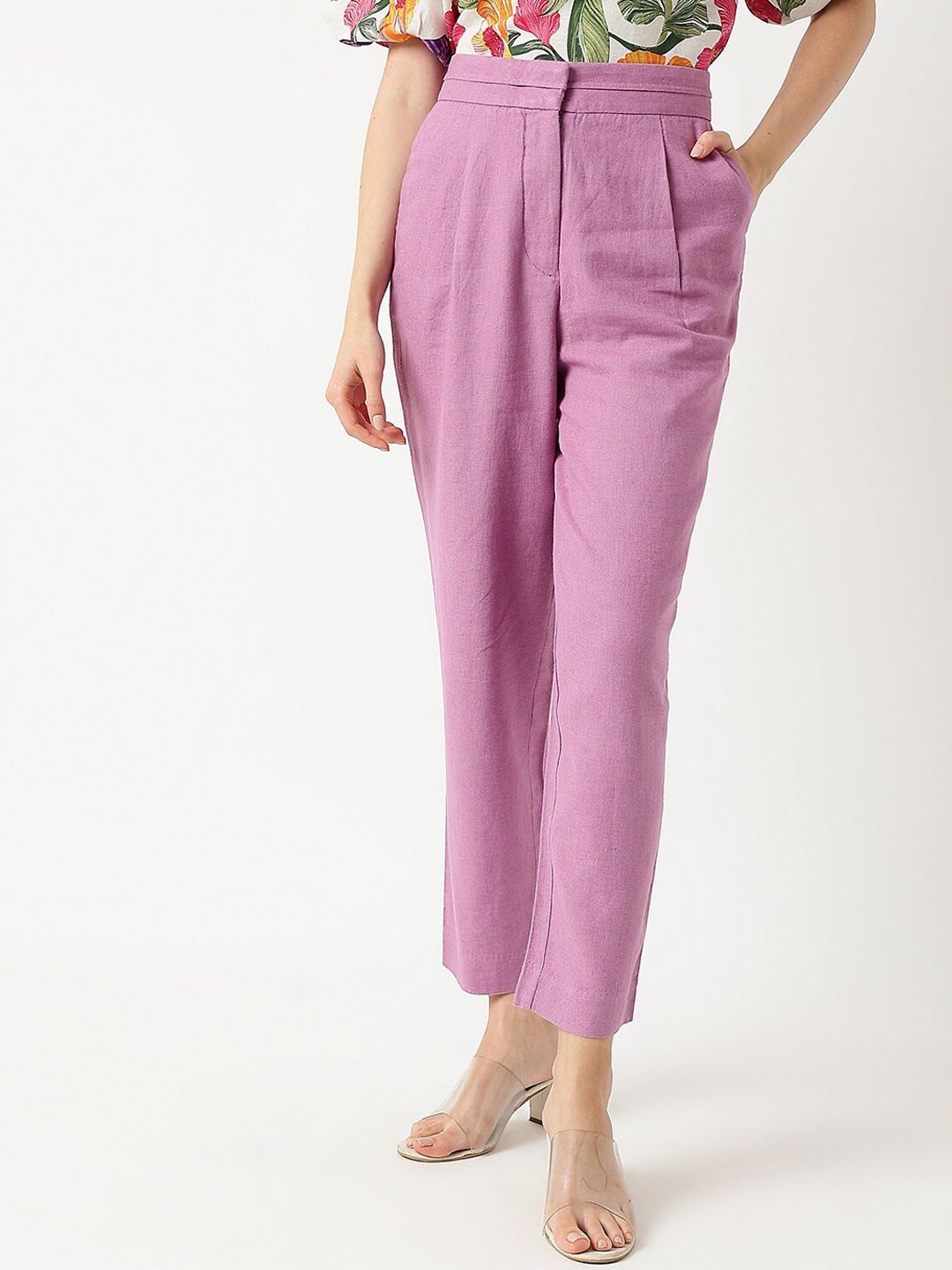 Marks & Spencer Women Linen Tapered Fit High-Rise Pleated Trousers Price in India