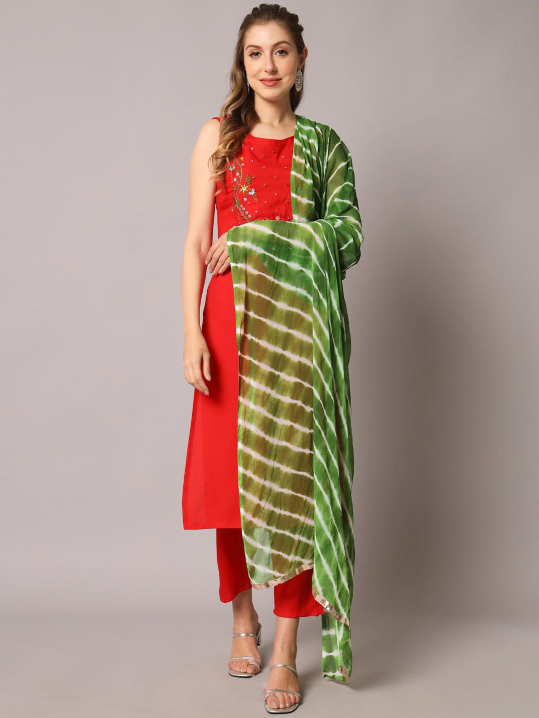 KALINI Women Red Embroidered Mirror Work Kurta with Trousers & With Dupatta Price in India