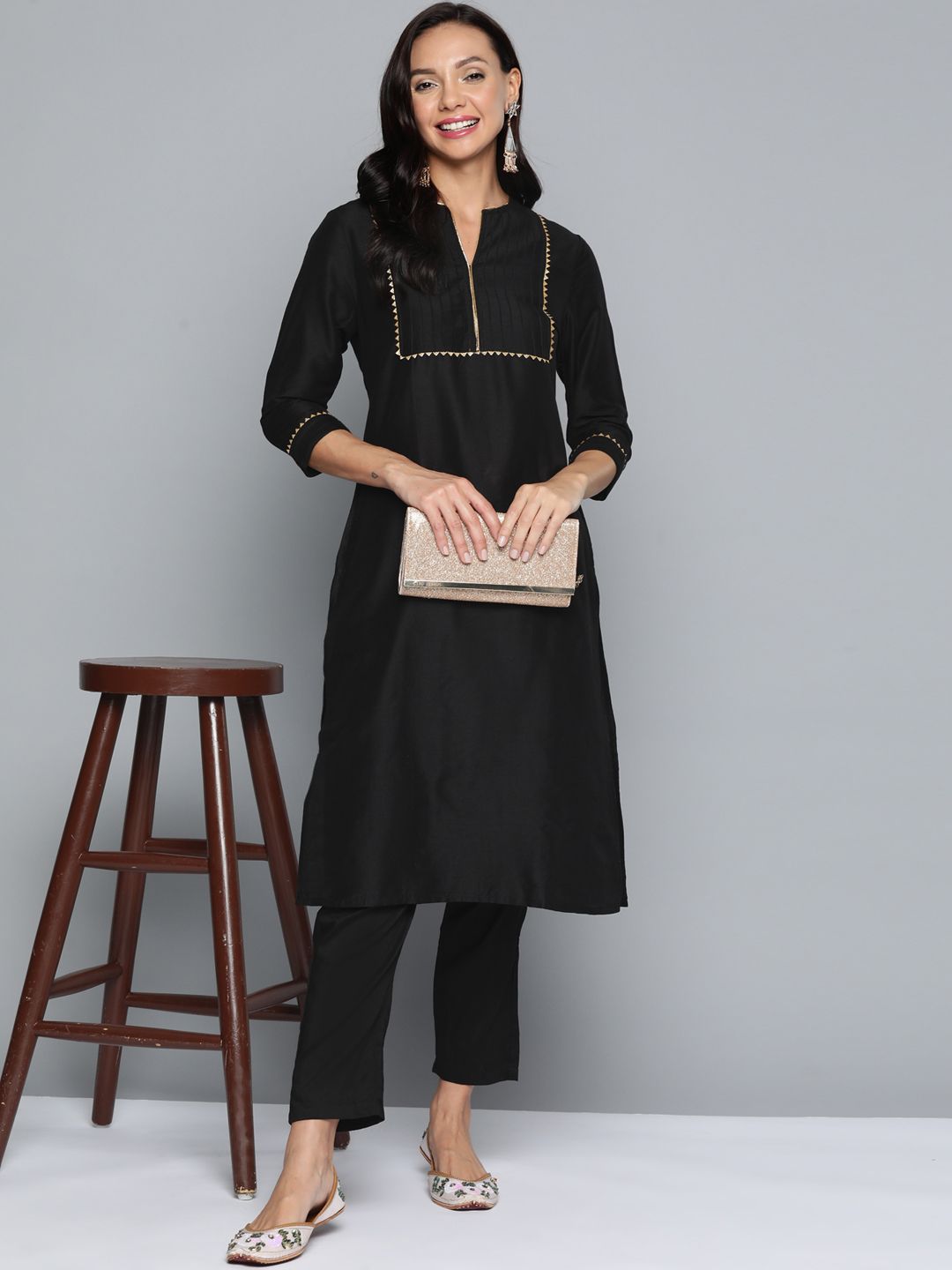 HERE&NOW Gotta Patti & Pleated Detail A-Line Kurta with Trousers Price in India