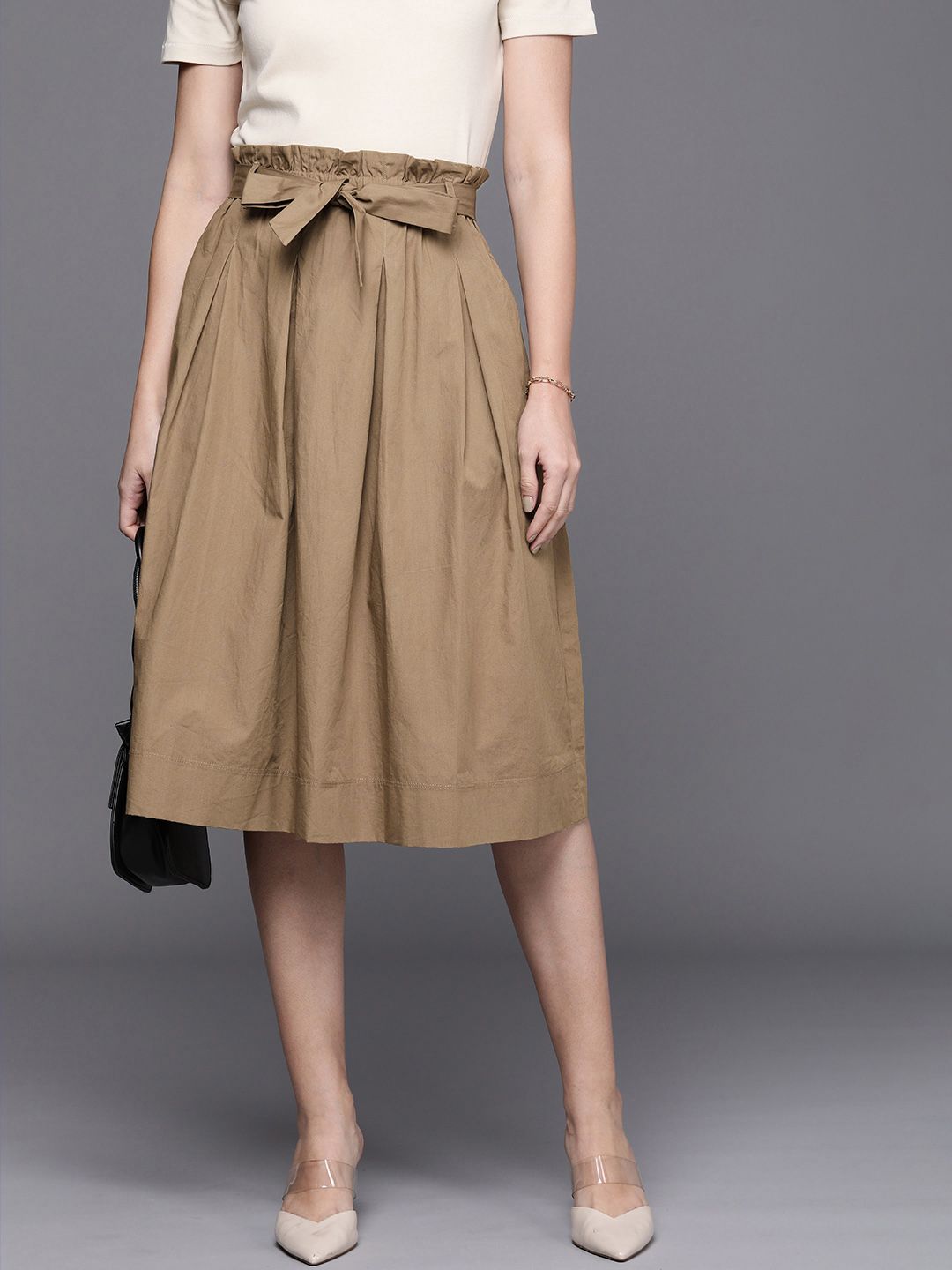 Kenneth Cole Pure Cotton Pleated A-Line Solid Skirt With Fabric Belt Price in India