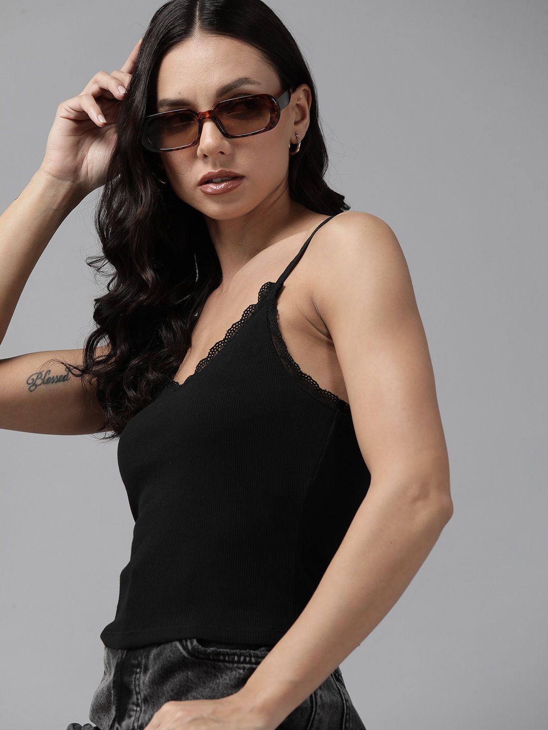 Buy The Roadster Lifestyle Co. Solid Knitted Cami Top With Lace