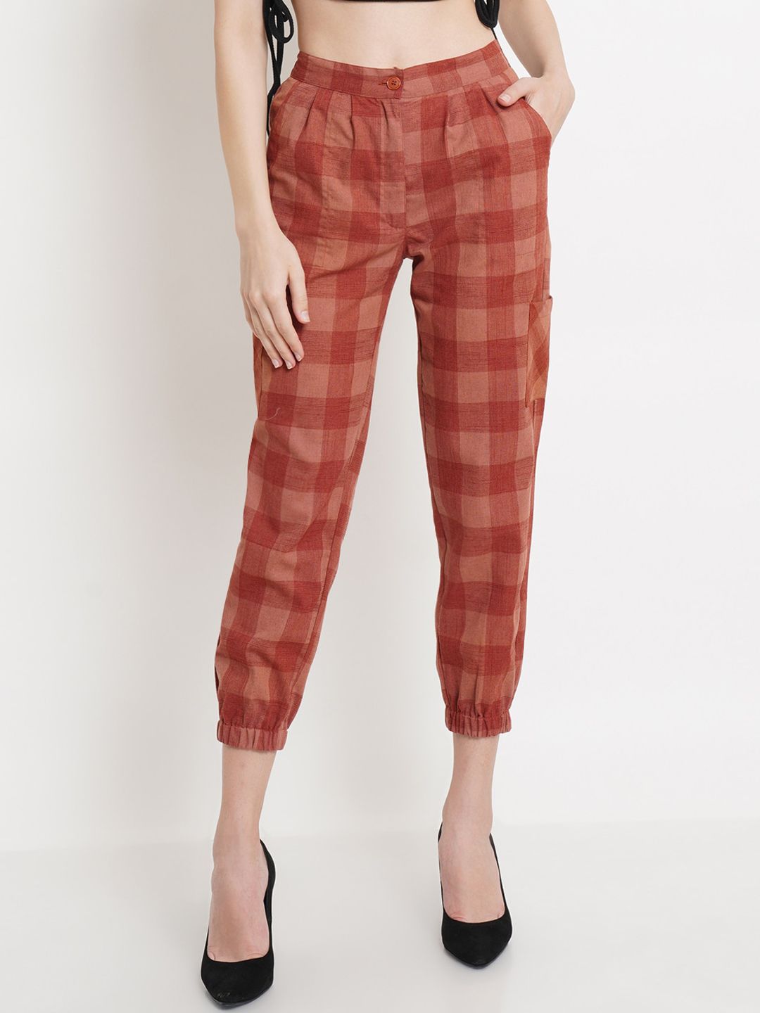 Purple State Women Maroon Checked Relaxed Easy Wash Trousers Price in India