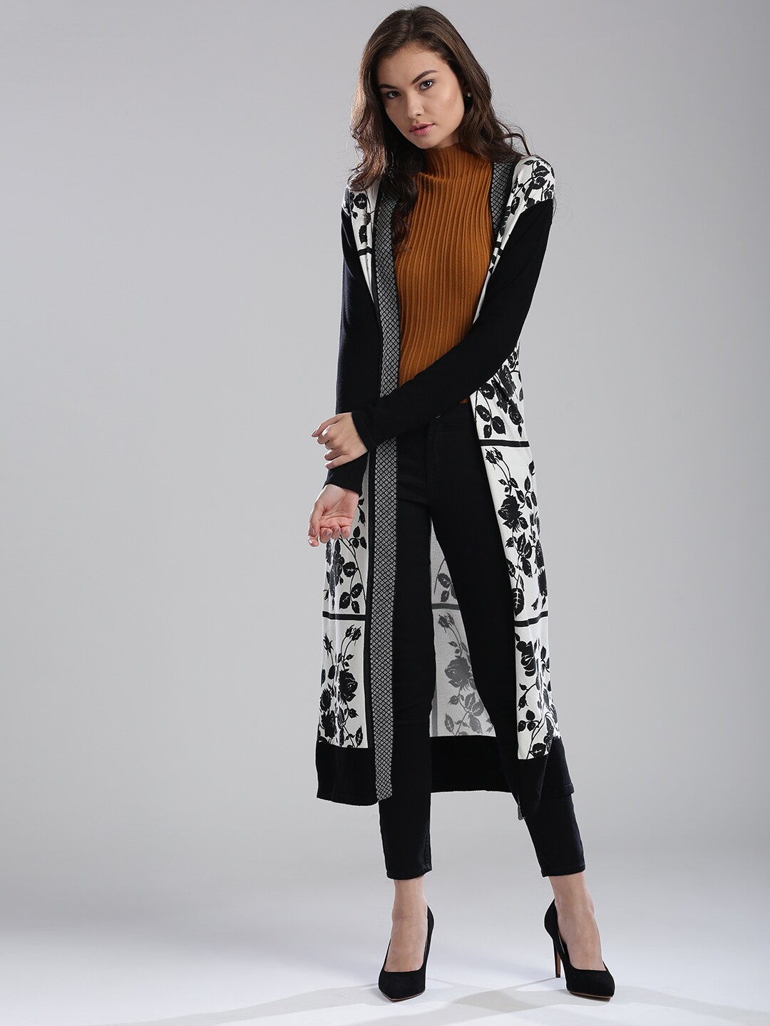 W Women White & Black Printed Front-Open Longline Cardigan Price in India
