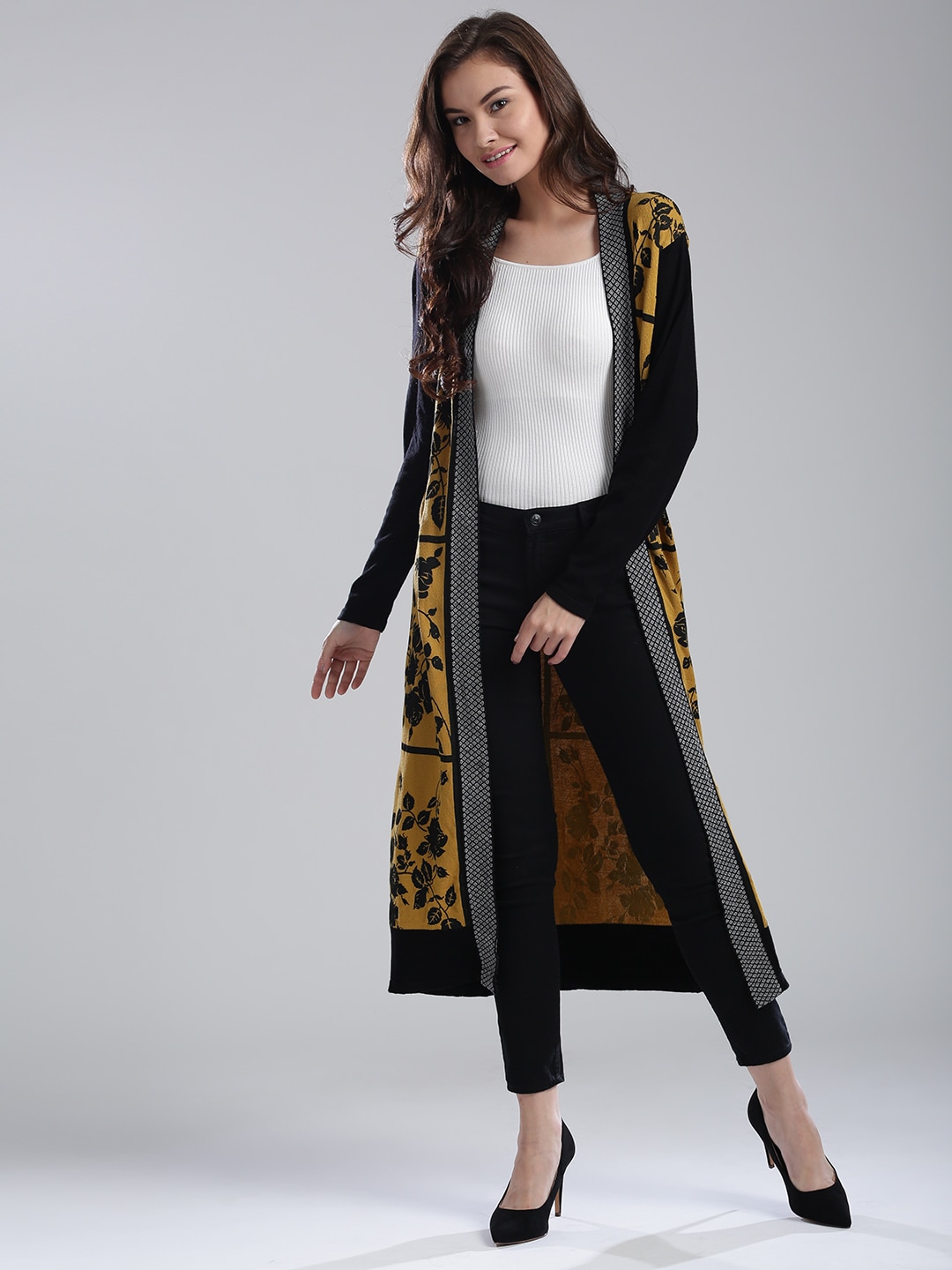 W Women Mustard Yellow & Black Printed Front-Open Longline Cardigan Price in India