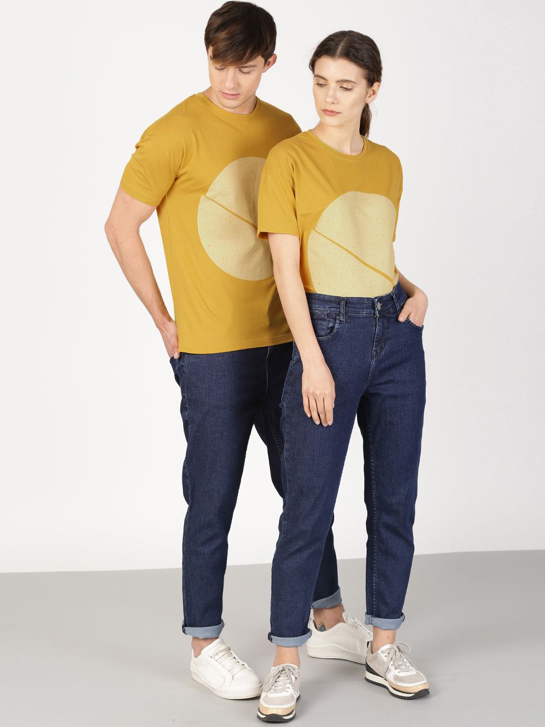 ether Unisex Mustard Yellow Printed Round Neck T-shirt